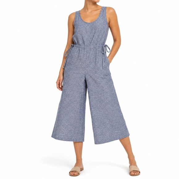 Max Studio Pants - Max Studio Jumpsuit Women L Blue Linen Blend Chambray Wide Leg Side Tie Coastal